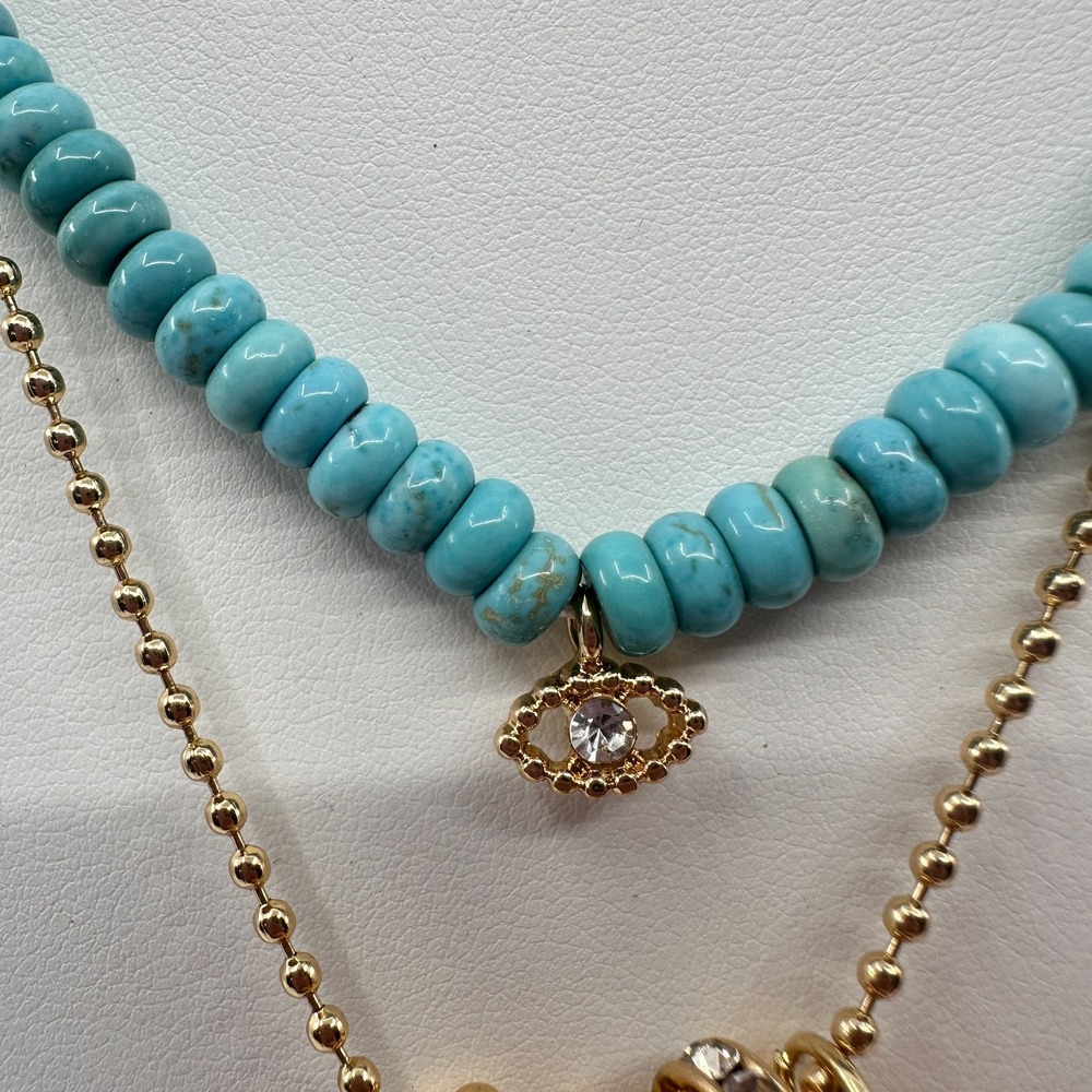 Turquoise & Gold Tone Beaded Evil Eye Layered Necklace Rhinestone Bohemian Gift - Picture 8 of 17